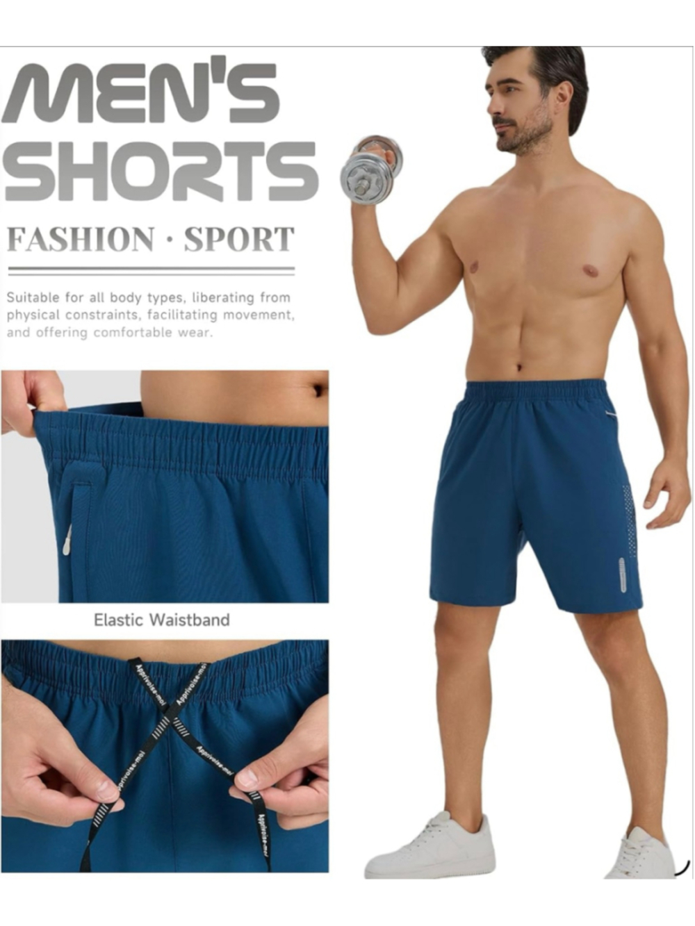 Apprivoise-moi Men’s 7” Athletic Workout Shorts Large Navy Gray-Blue NWT